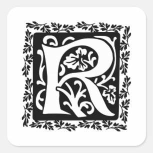 Mediaeval Letter R Monogram Black and White Square Sticker