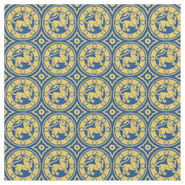 Mediaeval Lions, Yellow on blue Fabric (Close Up)