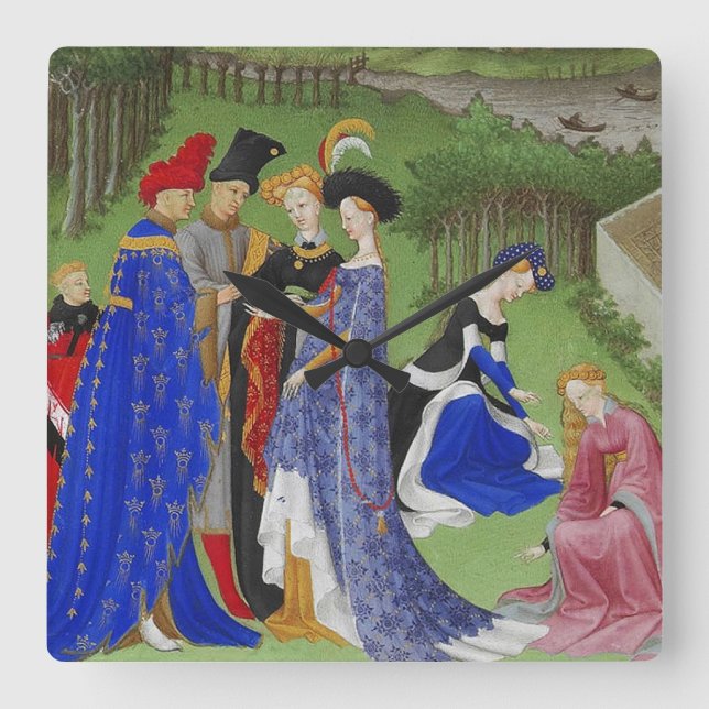 Mediaeval lords and ladies square wall clock (Front)