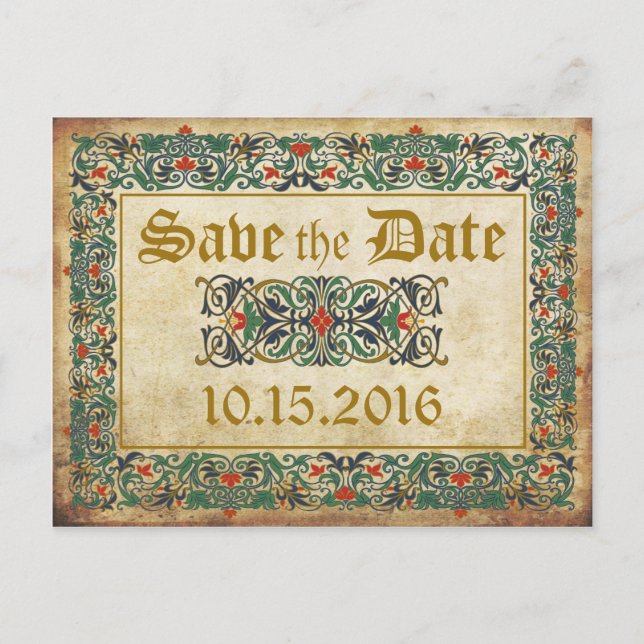 Mediaeval Manuscript Goth Save the Date Announcement Postcard (Front)