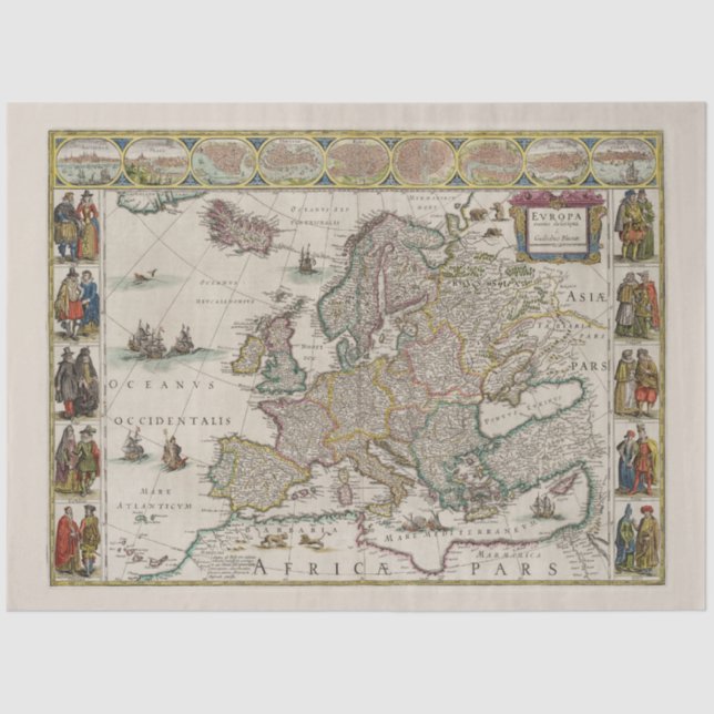 Mediaeval Map of Europe (by Willem Blaeu) Tissue Paper (Front)