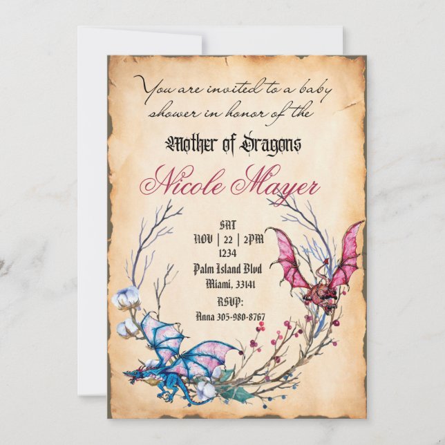 Mediaeval Mother of Dragons Baby Shower Invitation (Front)