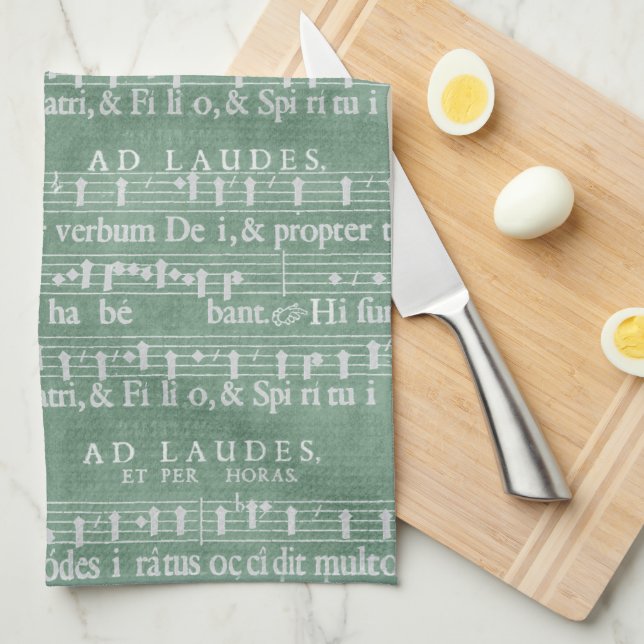 Mediaeval Music Manuscript Teal Green Tea Towel (Quarter Fold)