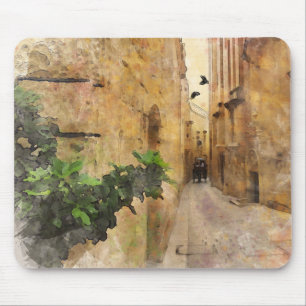 Mediaeval Narrow Street Old Buildings Watercolor Mouse Mat
