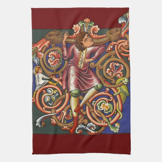 Mediaeval Nobelman Colourful Illuminated Tea Towel (Vertical)