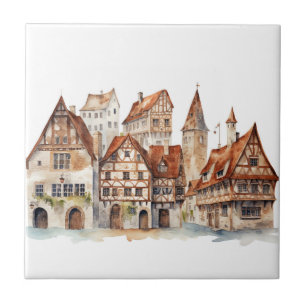 Mediaeval old city watercolor tile