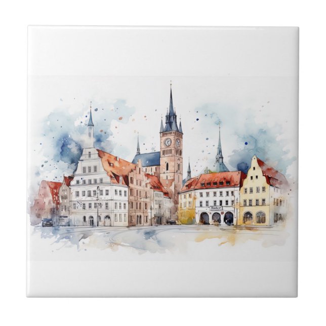 Mediaeval old city watercolor tile (Front)