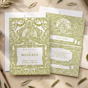 Mediaeval Olive Green Vintage Royal Castle Wedding Invitation