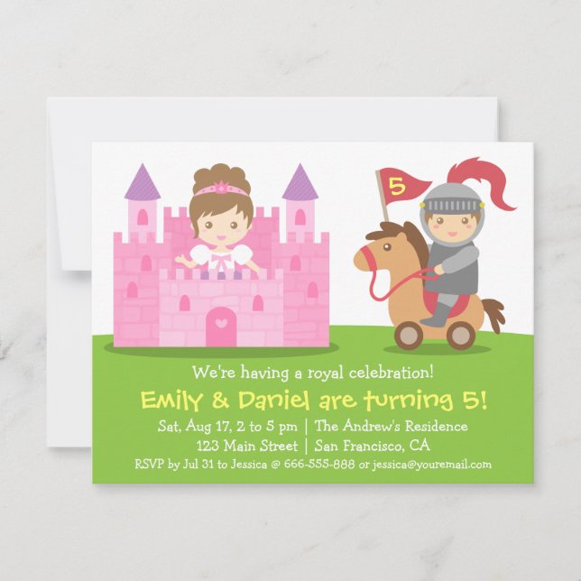 Mediaeval Princess and Knight Twins Birthday Party Invitation (Front)