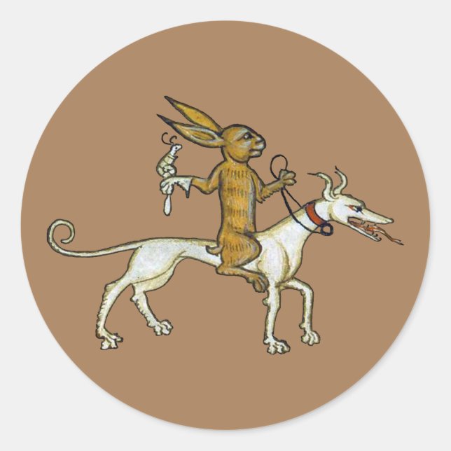 Mediaeval Rabbit Riding Dog and Holding Snail Classic Round Sticker (Front)