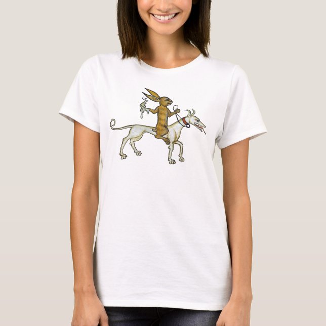 Mediaeval Rabbit Riding Dog and Holding Snail T-Shirt (Front)