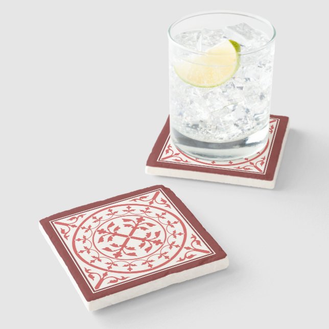 Mediaeval Red White Marble Wreath Leaves Romanesqu Stone Coaster (Side)