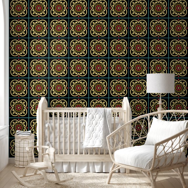 Mediaeval Red Yellow Flower Lilies Vintage Pattern Wallpaper (Kids)