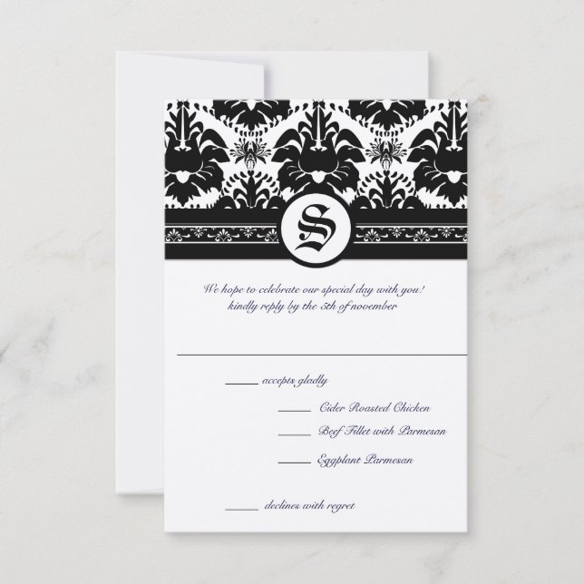Mediaeval Renaissance Black Damask RSVP Invitation (Front)