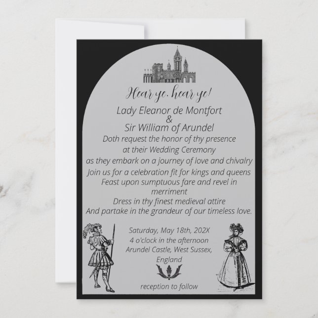 Mediaeval Renaissance Black White Arch Wedding Invitation (Front)