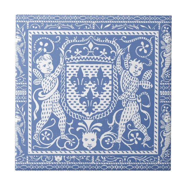 Mediaeval Renaissance Blue and White Cherubs Tile (Front)