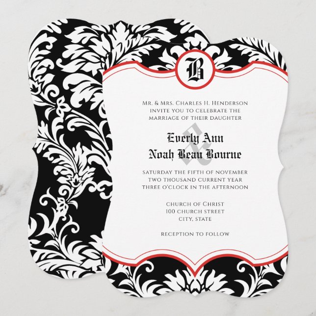  Mediaeval Renaissance Damask Red Accents Wedding Invitation (Front/Back)