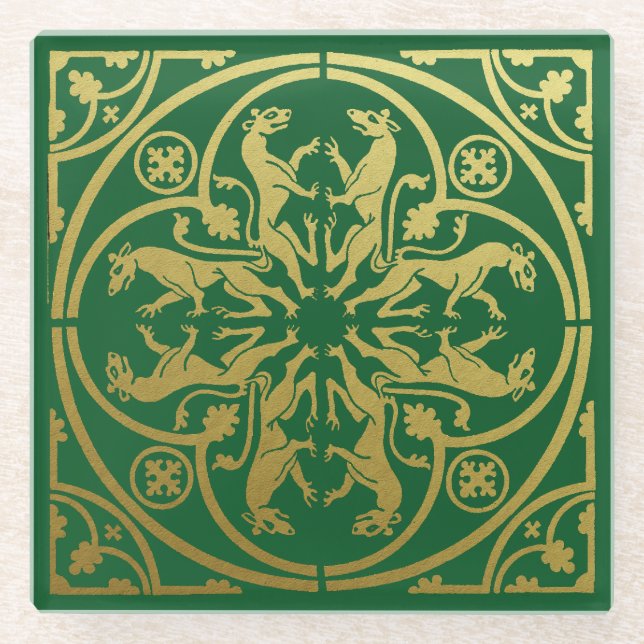 Mediaeval Renaissance Herald Lion Leopard Metallic Glass Coaster (Front)