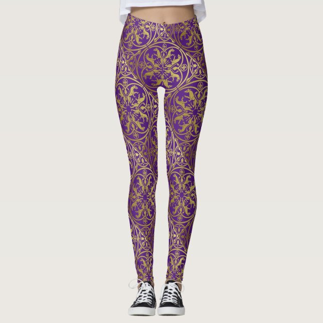 Mediaeval Renaissance Herald Lion Leopard Metallic Leggings (Front)