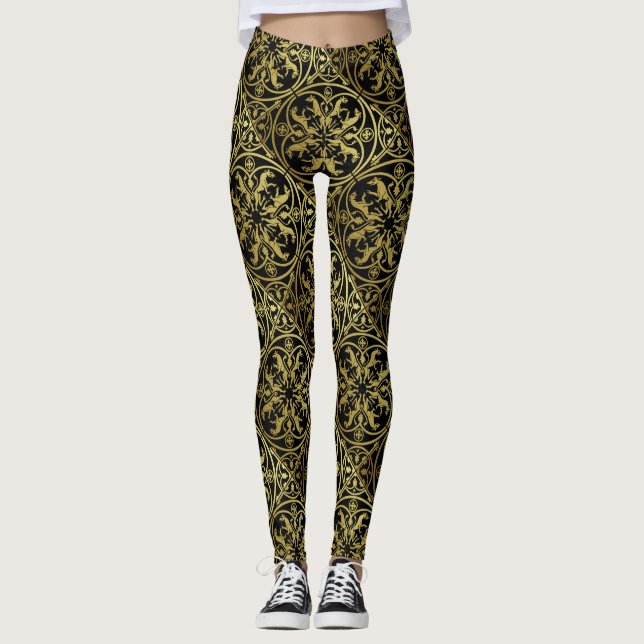Mediaeval Renaissance Herald Lion Leopard Metallic Leggings (Front)