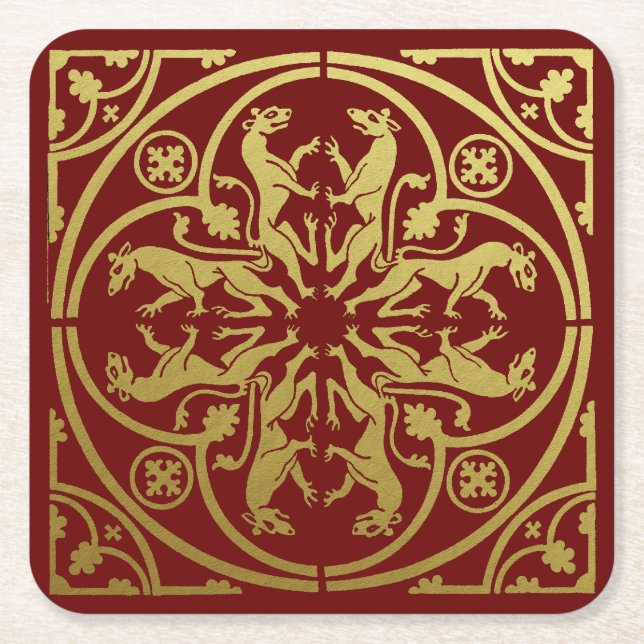 Mediaeval Renaissance Herald Lion Leopard Metallic Square Paper Coaster (Front)