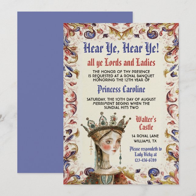 Mediaeval Renaissance Princess Birthday Invitation (Front/Back)