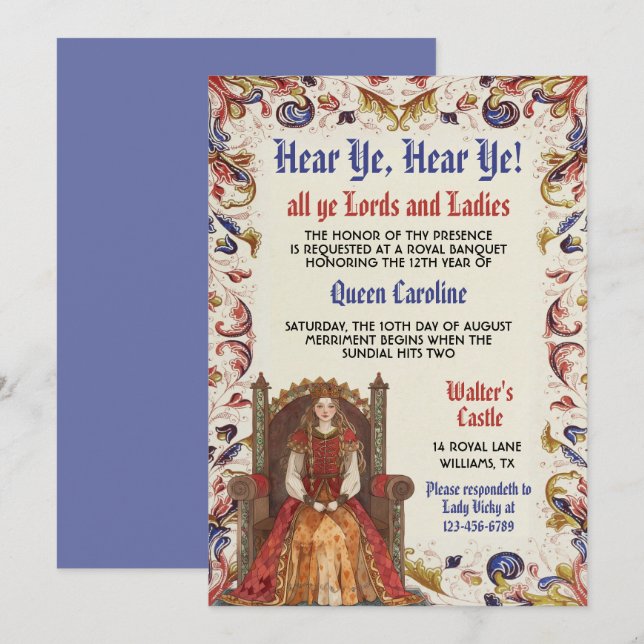 Mediaeval Renaissance Queen Birthday Invitation (Front/Back)