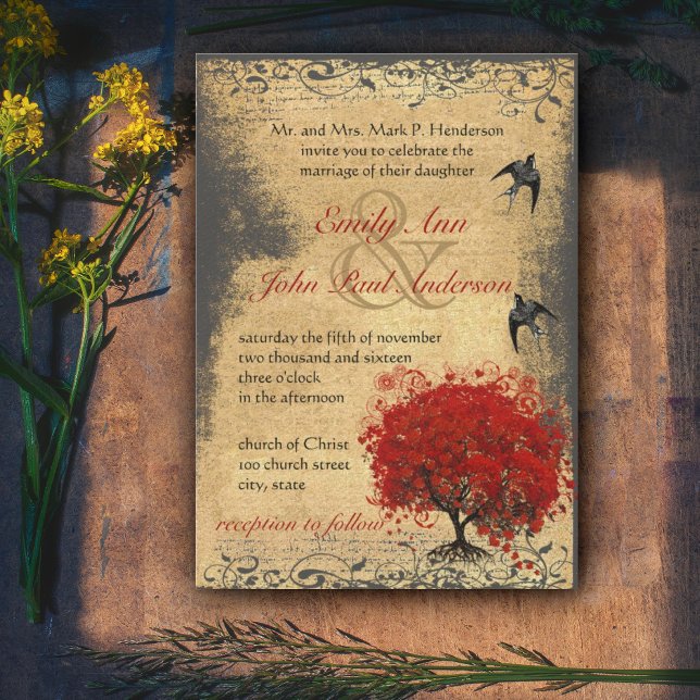 Mediaeval Renaissance Red Tree Vintage Bird Weddin Invitation (Creator Uploaded)