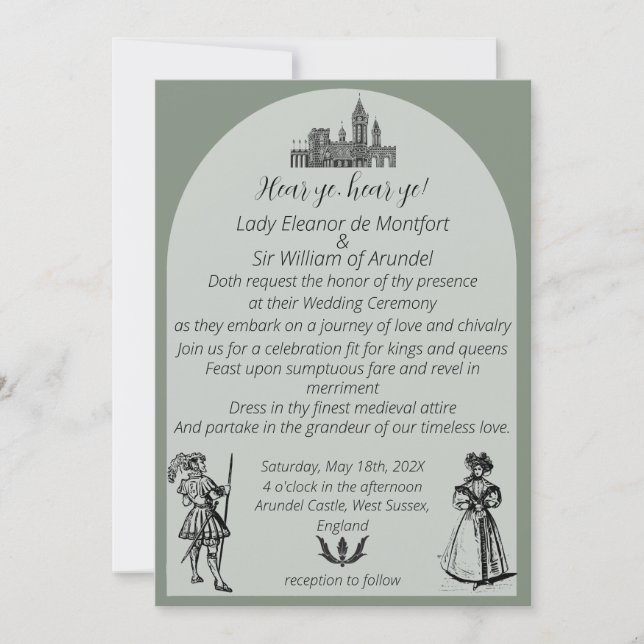 Mediaeval Renaissance Sage Green Arch Wedding Invitation (Front)