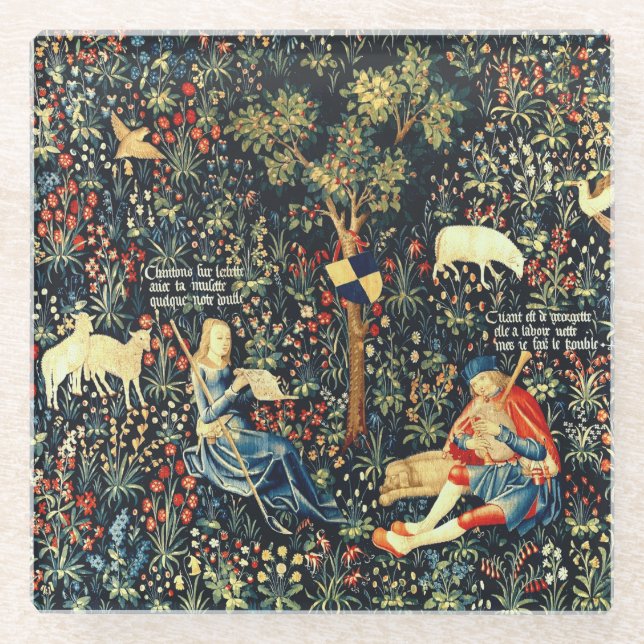 Mediaeval Renaissance Tapestry  Shepherds and Shee Glass Coaster (Front)