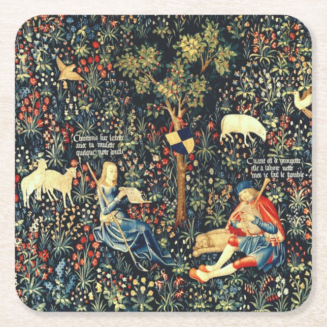 Mediaeval Renaissance Tapestry  Shepherds and Shee Square Paper Coaster (Front)