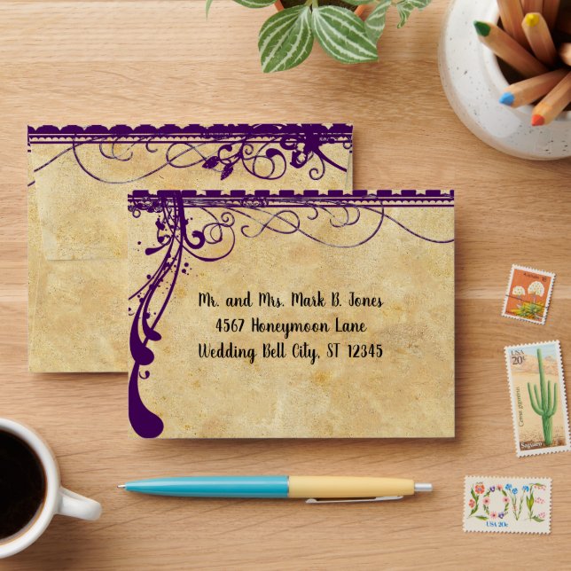 Mediaeval Renaissance Violet Purple Wedding RSVP Envelopes (Desk)