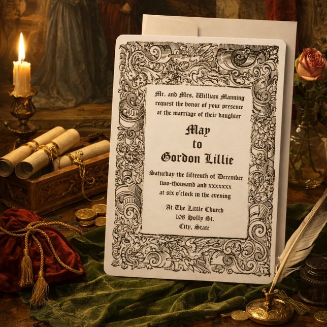 Mediaeval Renaissance Woodblock Border Wedding Invitation (Creator Uploaded)