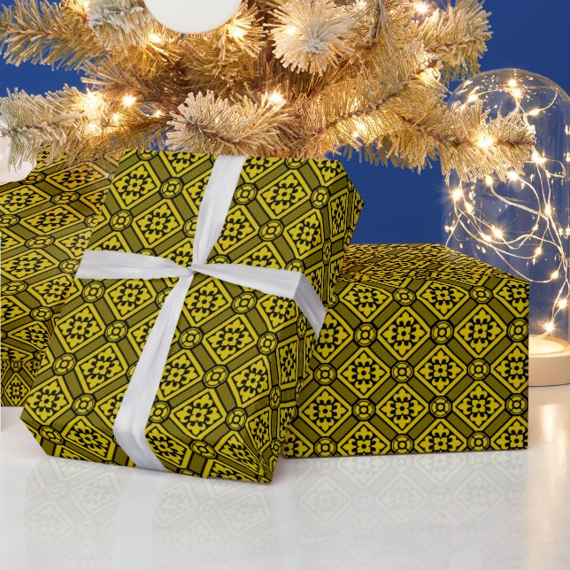Mediaeval romanesque yellow lilies on black wrapping paper (Holidays)