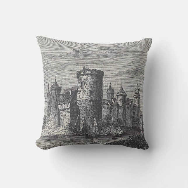 Mediaeval Rouen Castle | Antique Black & Cream Cushion (Front)