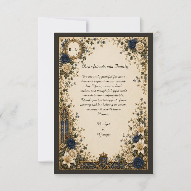 Mediaeval Royal Gothic Monogram Crest Wedding Thank You Card (Back)