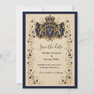 Mediaeval Royal Lion Crest Botanical Wedding Invitation