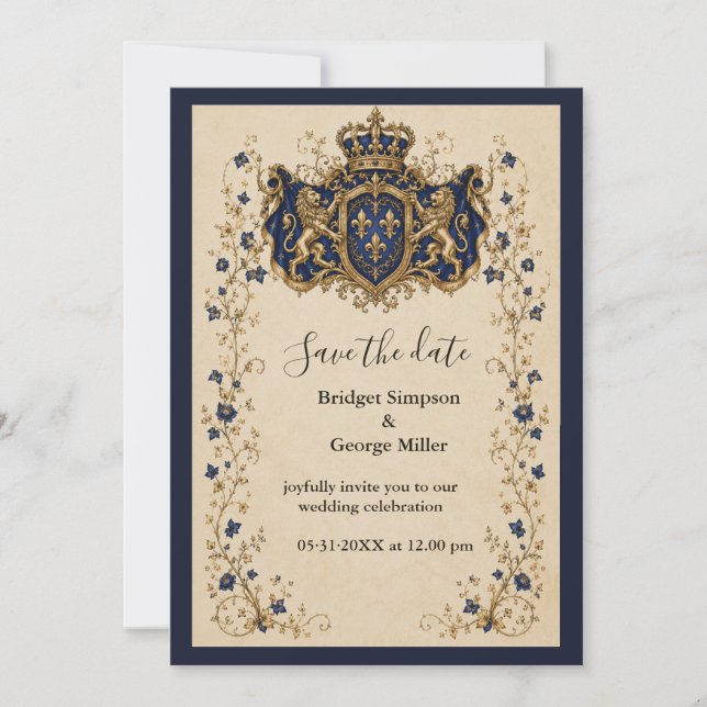 Mediaeval Royal Lion Crest Botanical Wedding Invitation (Front)