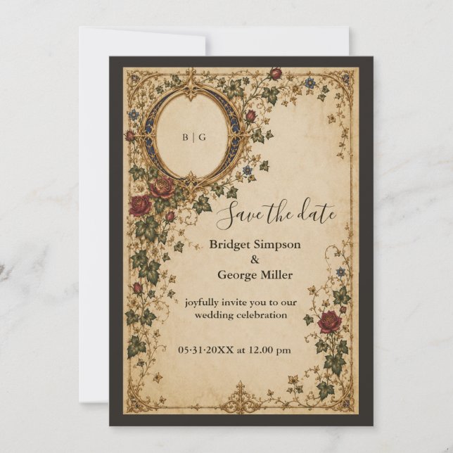 Mediaeval Royal Monogram Botanical Floral Wedding Invitation (Front)