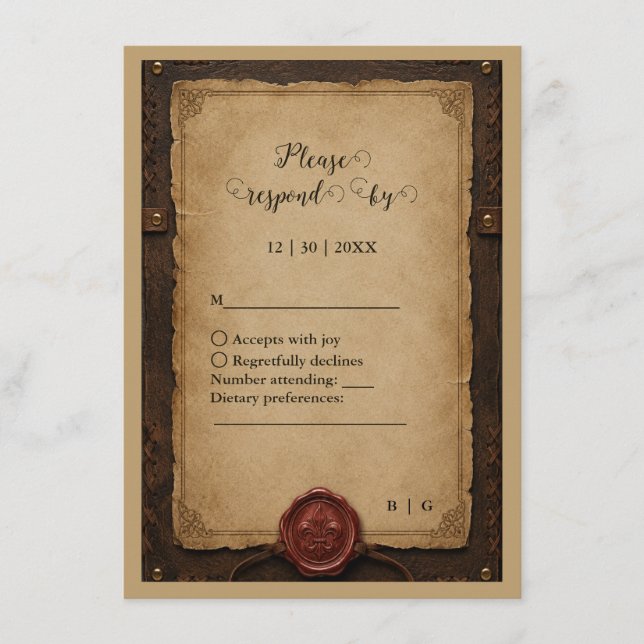 Mediaeval Rustic Leather Wax Seal Wedding Menu (Front)