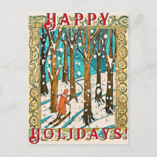 Mediaeval Skiing Winter Happy Holidays  Postcard