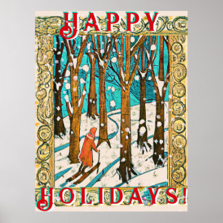 Mediaeval Skiing Winter Happy Holidays Poster
