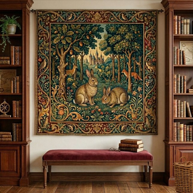 Mediaeval Style Woodland Forest Rabbit Fairy Tale Tapestry (Add a magical touch to your home with this medieval-style, vintage-look woodland forest tapestry.)