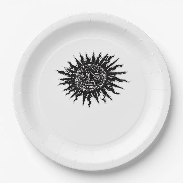 Mediaeval Sun Engraving - Whimsigoth Aesthetic - W Paper Plate (Front)