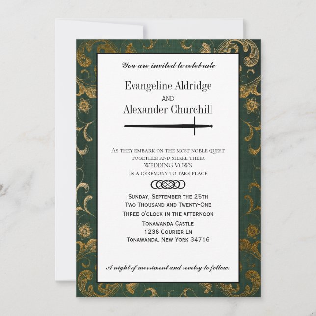 Mediaeval Sword Elegant Tabletop Gamer Wedding Invitation (Front)