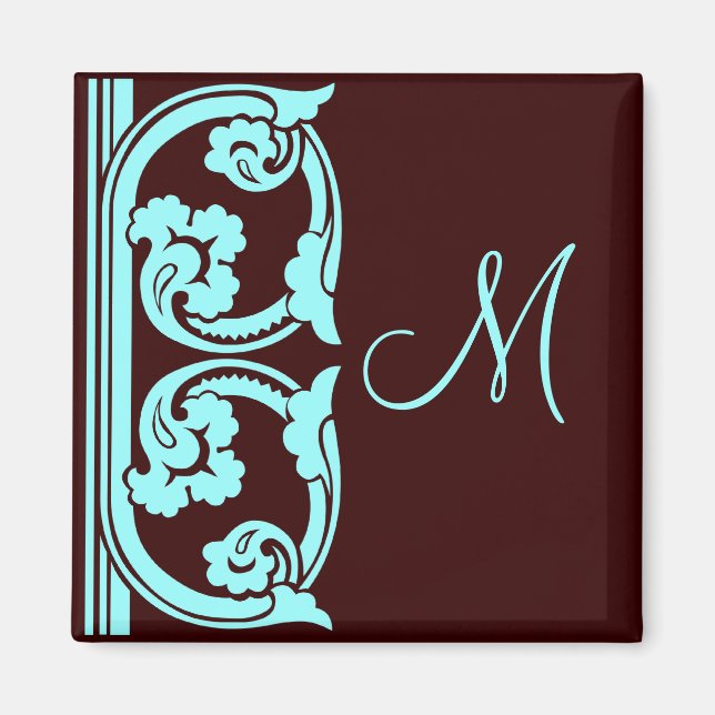 Mediaeval Teal on Chocolate Brown Monogram Magnet (Front)