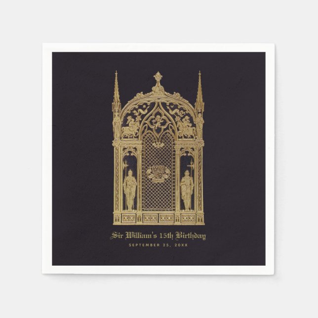 Mediaeval Themed Birthday Gothic Knight Black Gold Napkin (Front)