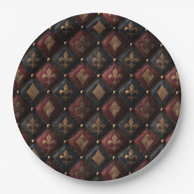 Mediaeval Tufted Fleur-de-Lis Harlequin Pattern (1 Paper Plate (Front)