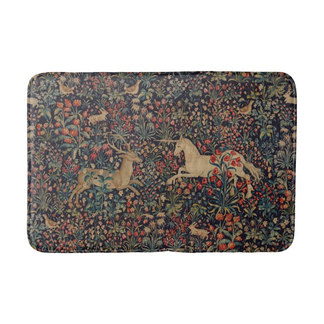 Mediaeval Unicorn Midnight Floral Garden Bath Mat (Front)