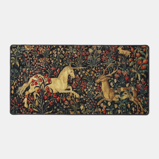 Mediaeval Unicorn Midnight Floral Garden Desk Mat (Front)